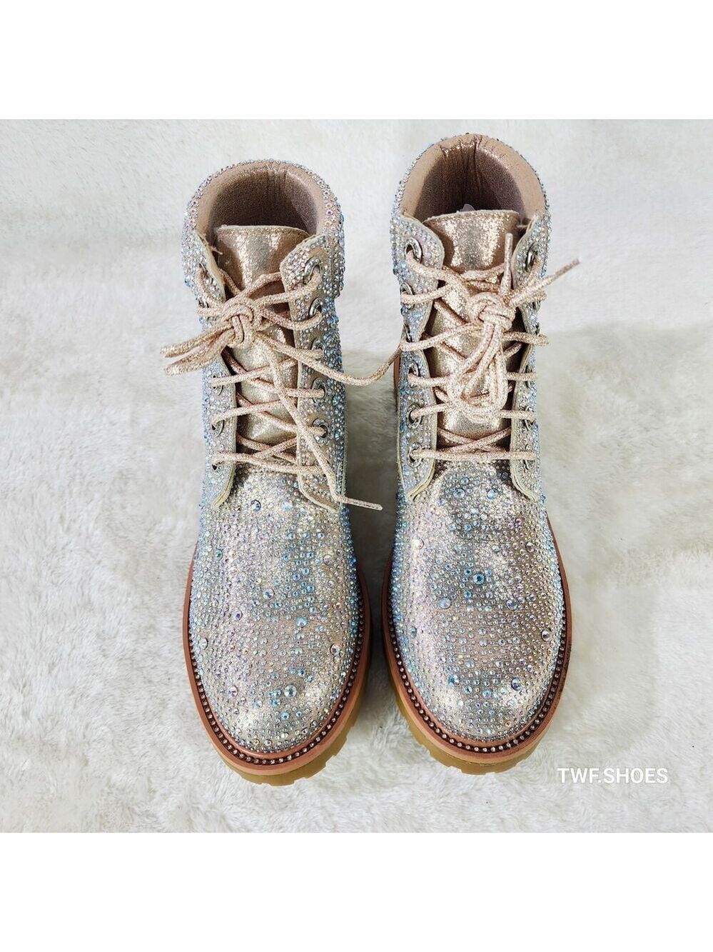 NIB Wonder Sparkling Rhinestone Combat Ankle Boots Metallic Rose Gold Champagne - Picture 10 of 12